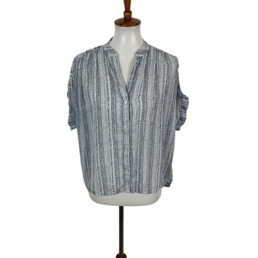 Cloth and Stone‎ Top XS Blue White Short Sleeve Linen Blend Casual